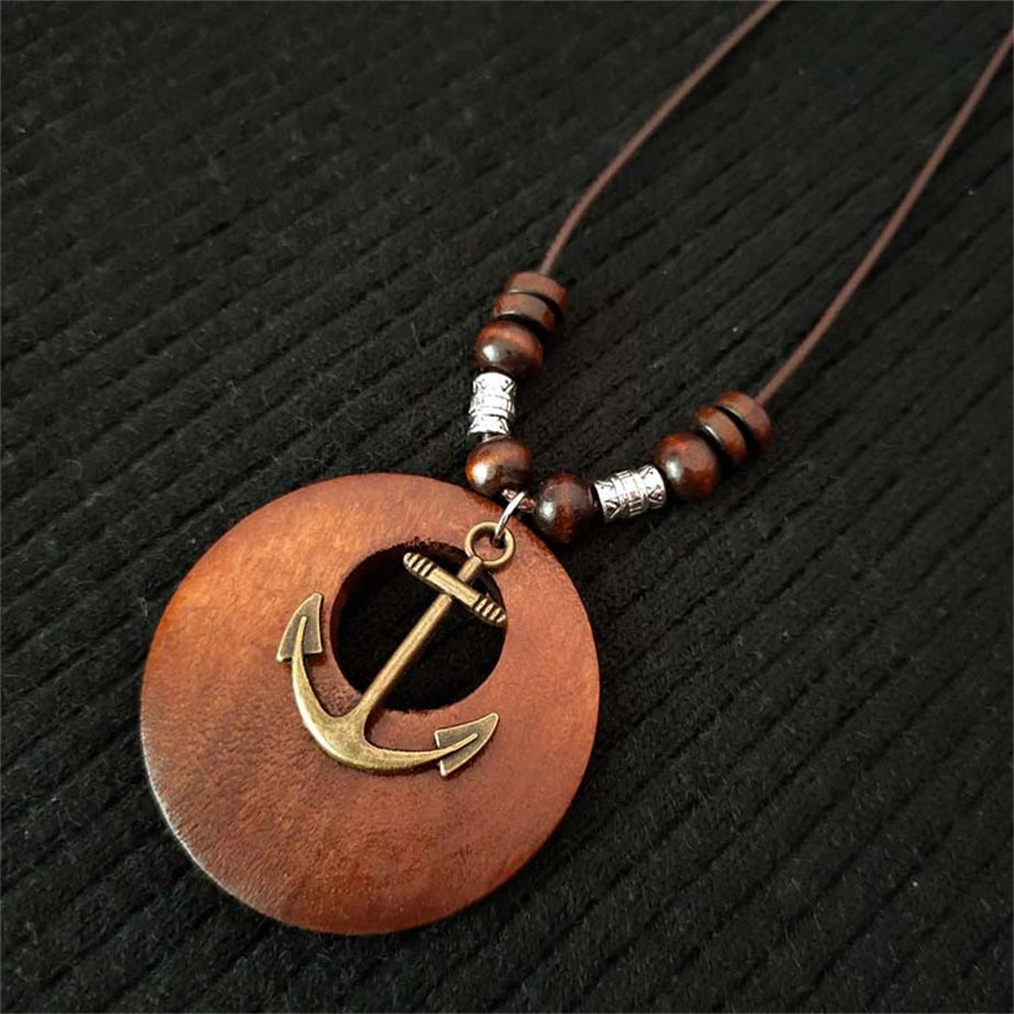 Wood Owl Leaf Pendant Wax Rope Necklace Jewelry