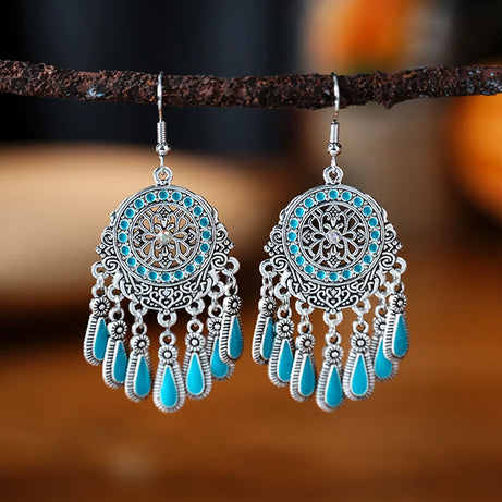 Blue Enamel Feather Crystal Long Earrings Jewelry