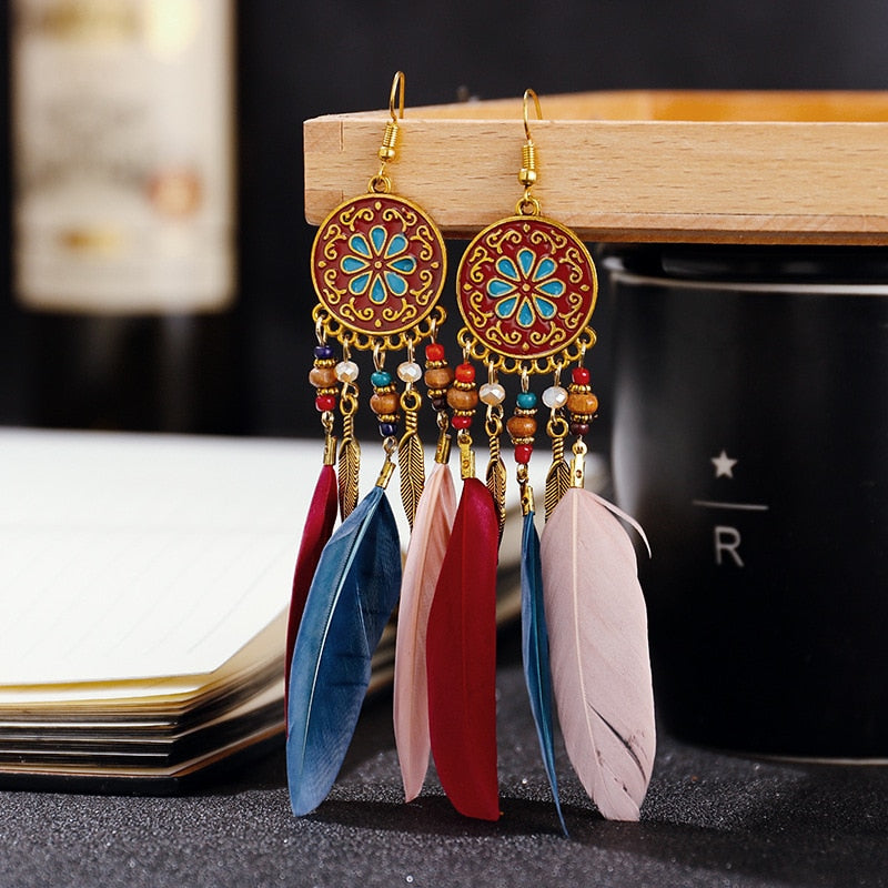 Boho Long Feather Dangle Women&#39;s Earrings Beach Long Tassel Beads Handmade Flower Enamel Earrings Bride Wedding Pendientes Mujer - Charlie Dolly