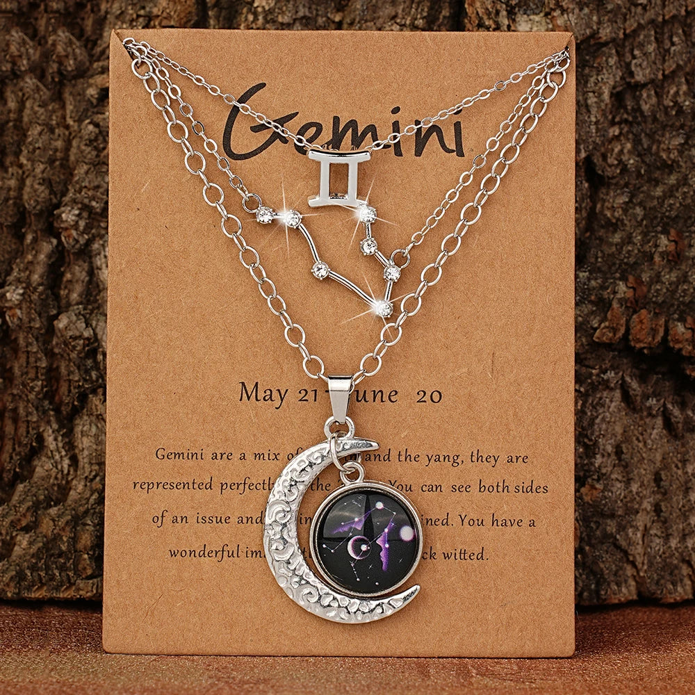 3 Pieces/Set Zodiac Retro Moon Glow Pendant Necklace Set with Birthstone Cards, Birthday Gift for Besties and BFFs