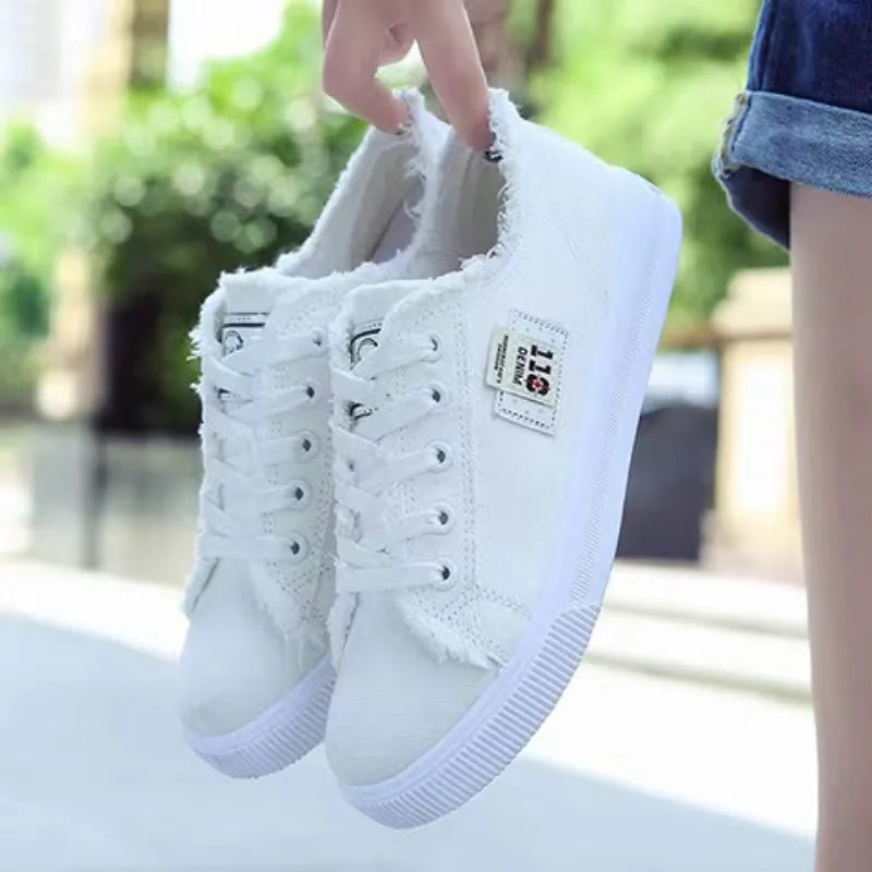 2023 New Spring Summer Women Canvas Shoes flat sneakers women casual shoes low upper lace up white shoes - Charlie Dolly