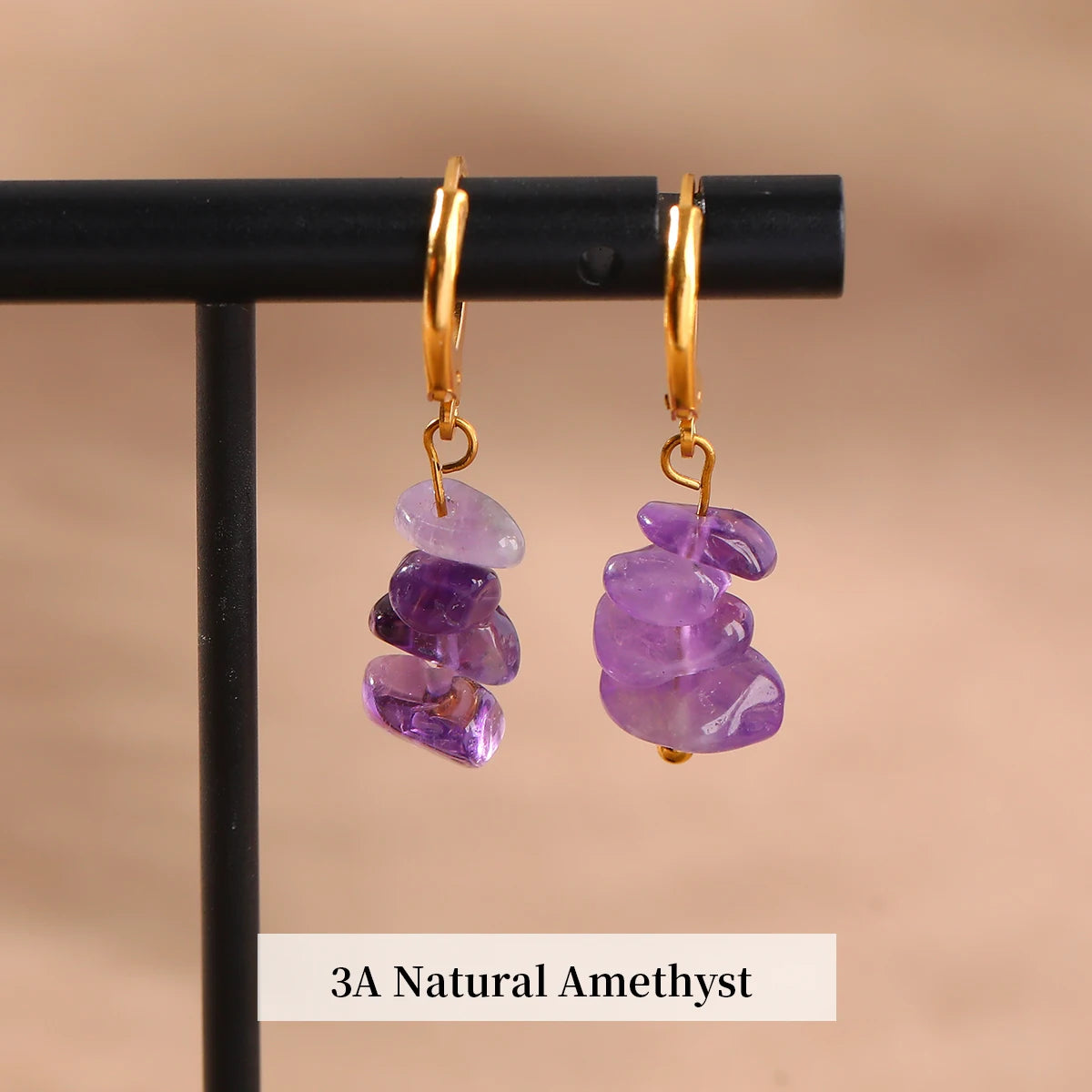JD Natural Stone Amethyst Chips Golden Hoop Earrings Women Bohemian Crystal Gravel Handmade Reiki Healing Earring Jewerly Gift