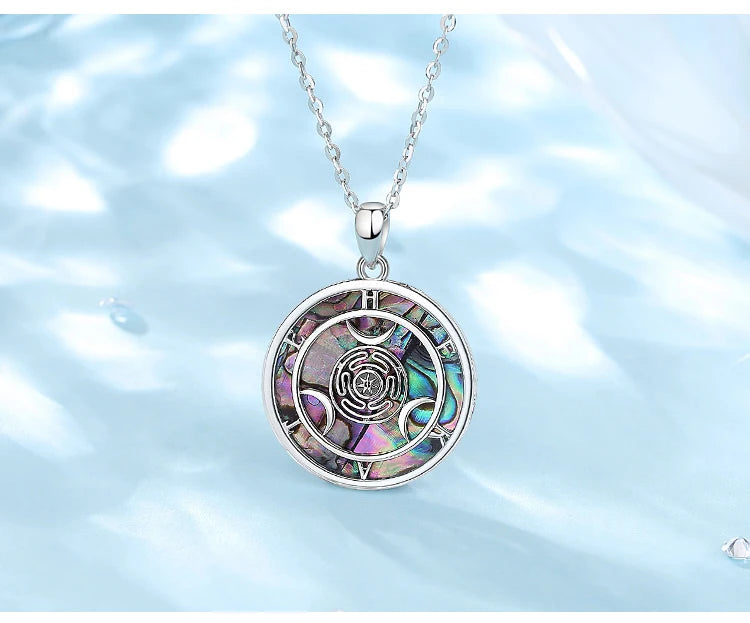 Eudora 925 Sterling Silver Hecate Wheel Necklace Abalone Triple Moon Goddess Amulet Pendant Wiccan Pagan Jewelry for Women Men