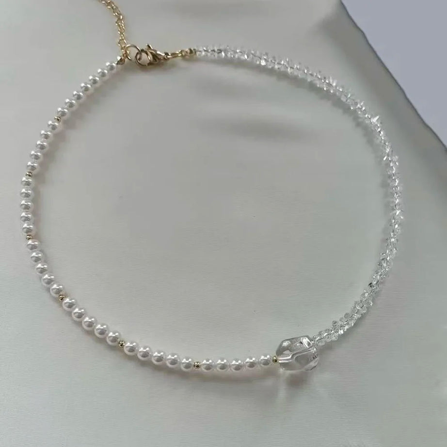 Transparent Crystal and Pearl Tassel Chain Pendant Necklace