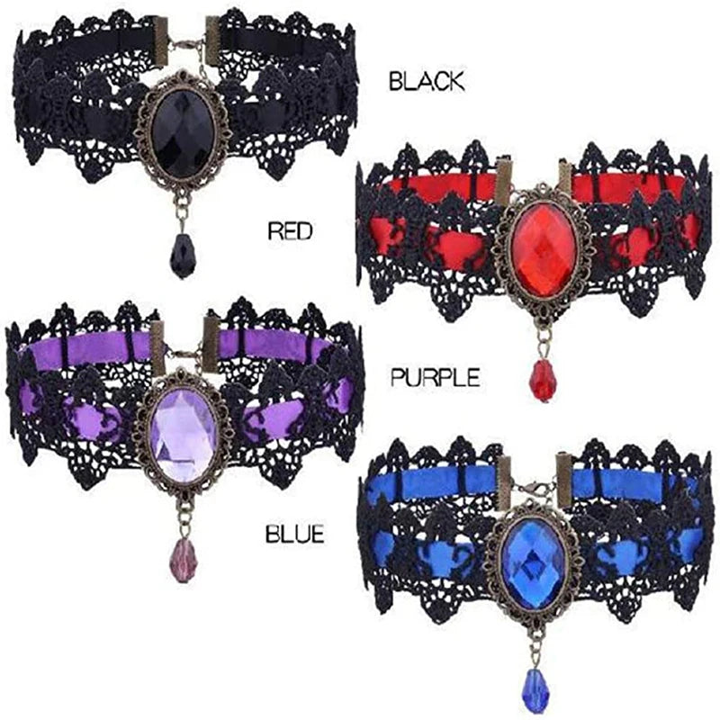Halloween Choker Necklace for Women Rhinestone Pendant Lace Gothic Necklace for Steampunk Royal Court Vampire Costume Jewelry - Charlie Dolly