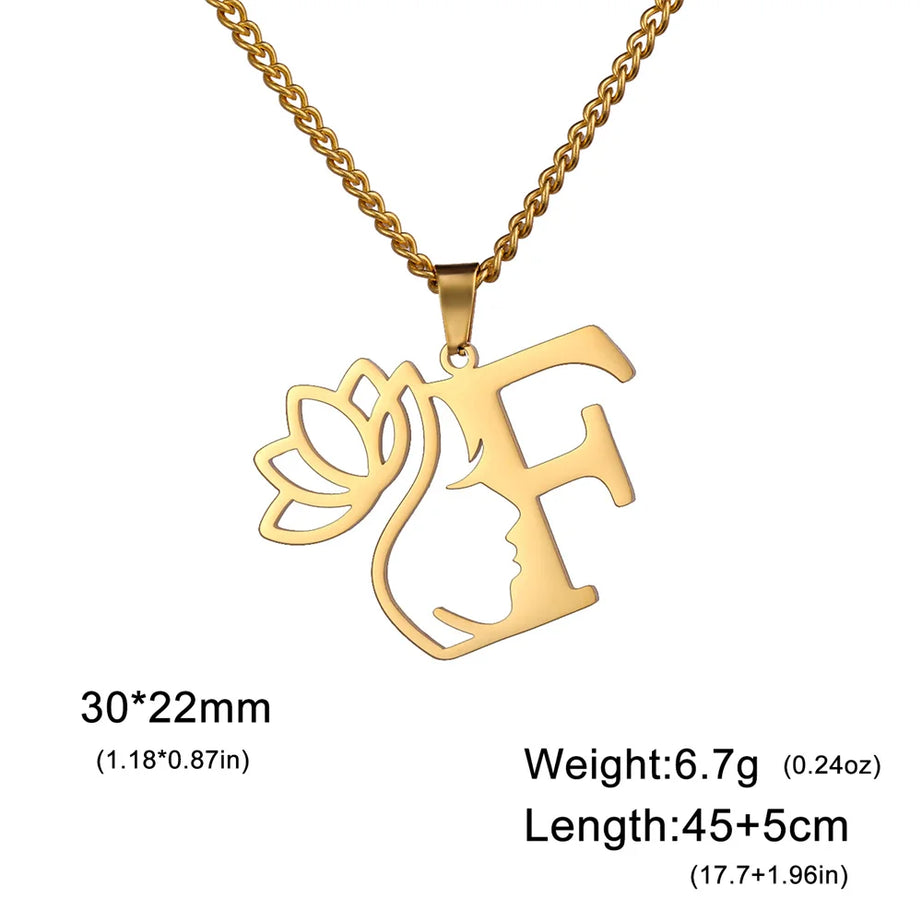 Lotus Flower Initial Letter Pendant, Personalized Stainless Steel Necklace