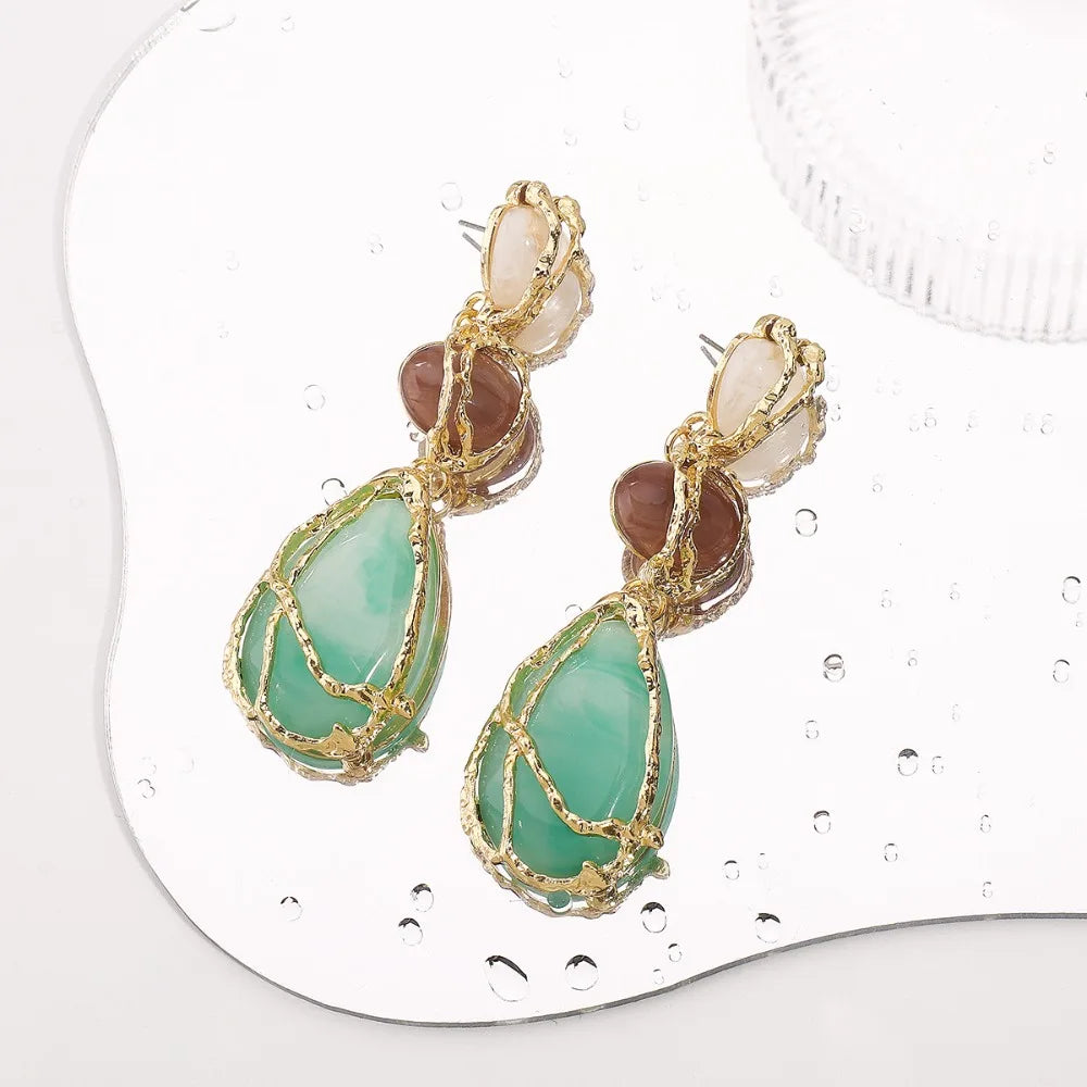 Fashion Natural Resin Waterdrop Metal Mesh Earrings For Women Retro Crystal Geometric Dangle Earrings Party Jewelry Boho Gifts