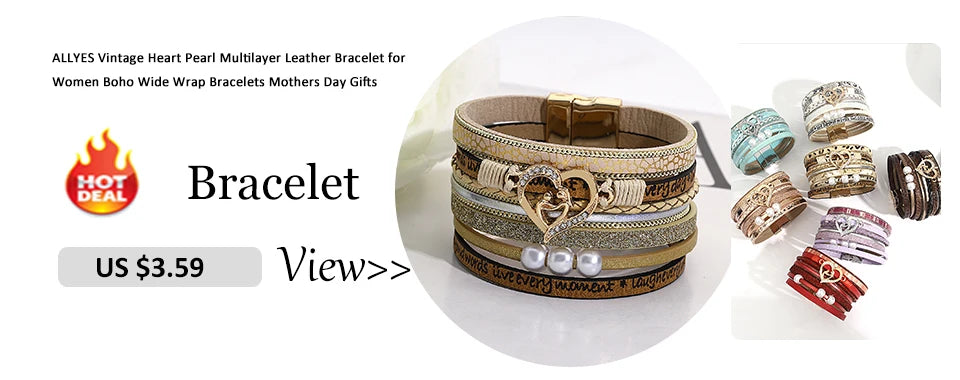 ALLYES Vintage Natural Stone Heart Braided Leather Bracelet for Women Boho Multilayer Wrap Wide Bangle Bracelets Jewelry Gifts