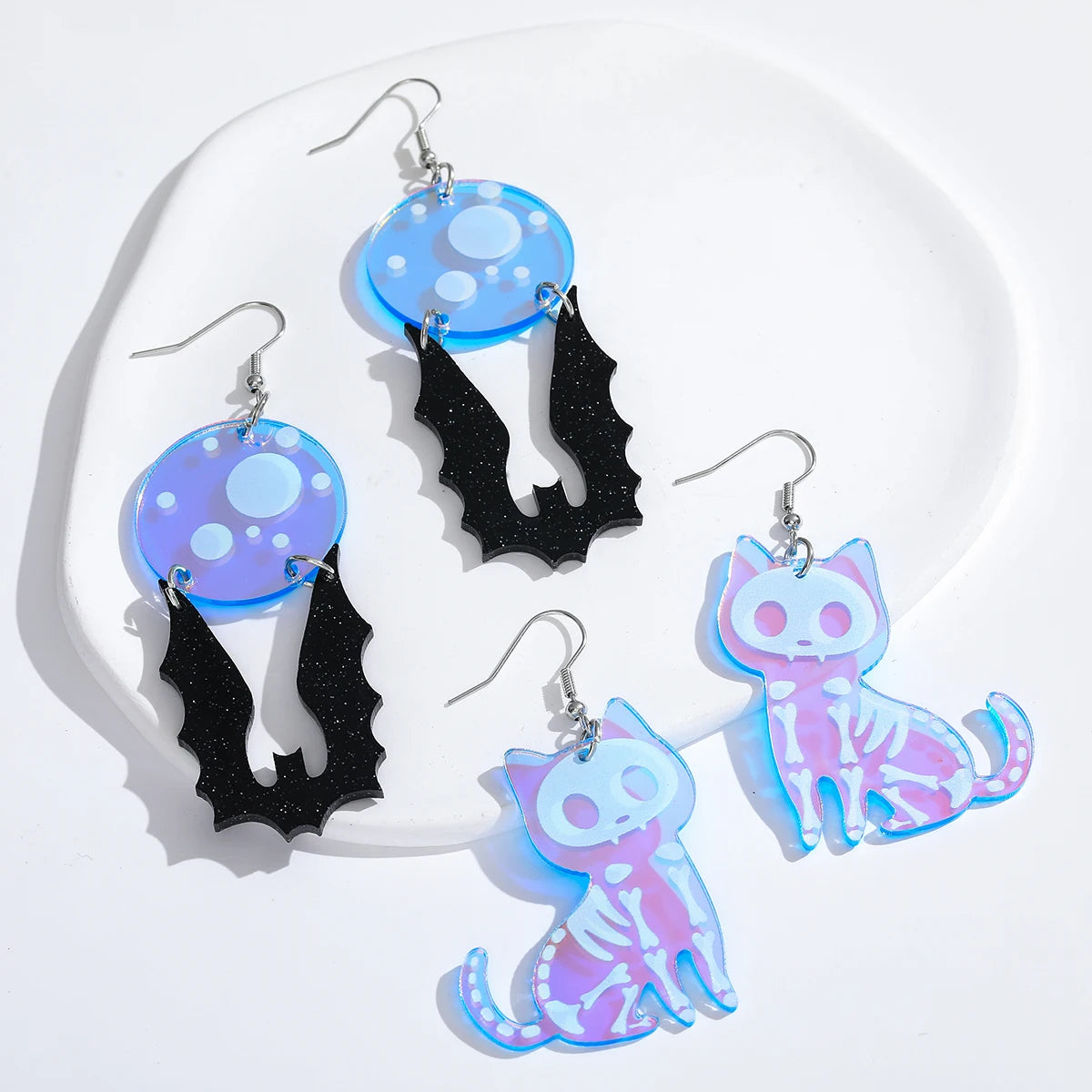 1pair Halloween Skeleton Cat Design Dangle Earrings Cartoon Cute Style Acrylic Jewelry Ghost Festival Earrings - Charlie Dolly