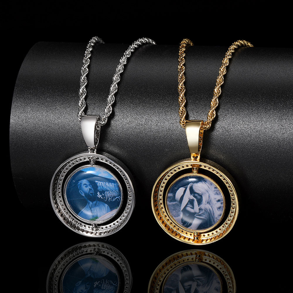 Custom Memory Photo Necklace for Men Jewelry Rotatable Double Side Personalized Medallions Picture Hip Hop Pendant - Charlie Dolly