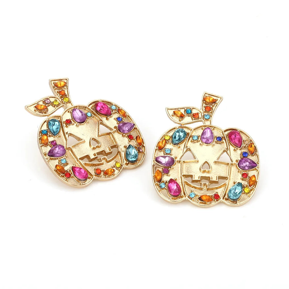 Exaggerated Colored Rhinestone Pumpkin Earrings Personality Creativity Retro Halloween Female Earrings - Charlie Dolly