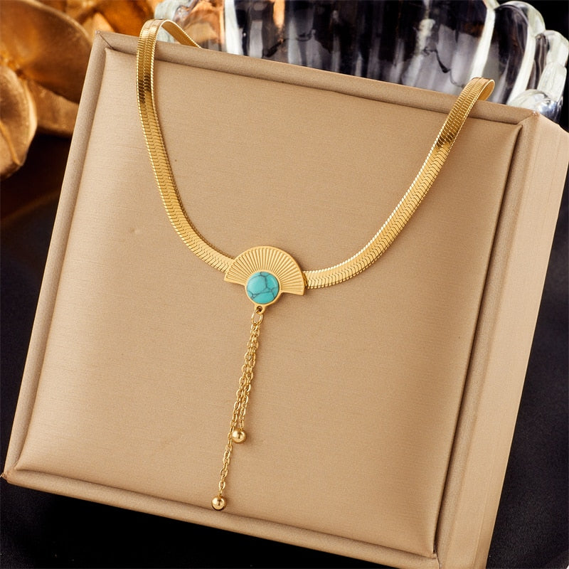 DIEYURO 316L Stainless Steel Butterfly Moon Lock Blue Eyes Pendant Necklace For Women Multilayer Choker Chain Jewelry Gifts - Charlie Dolly