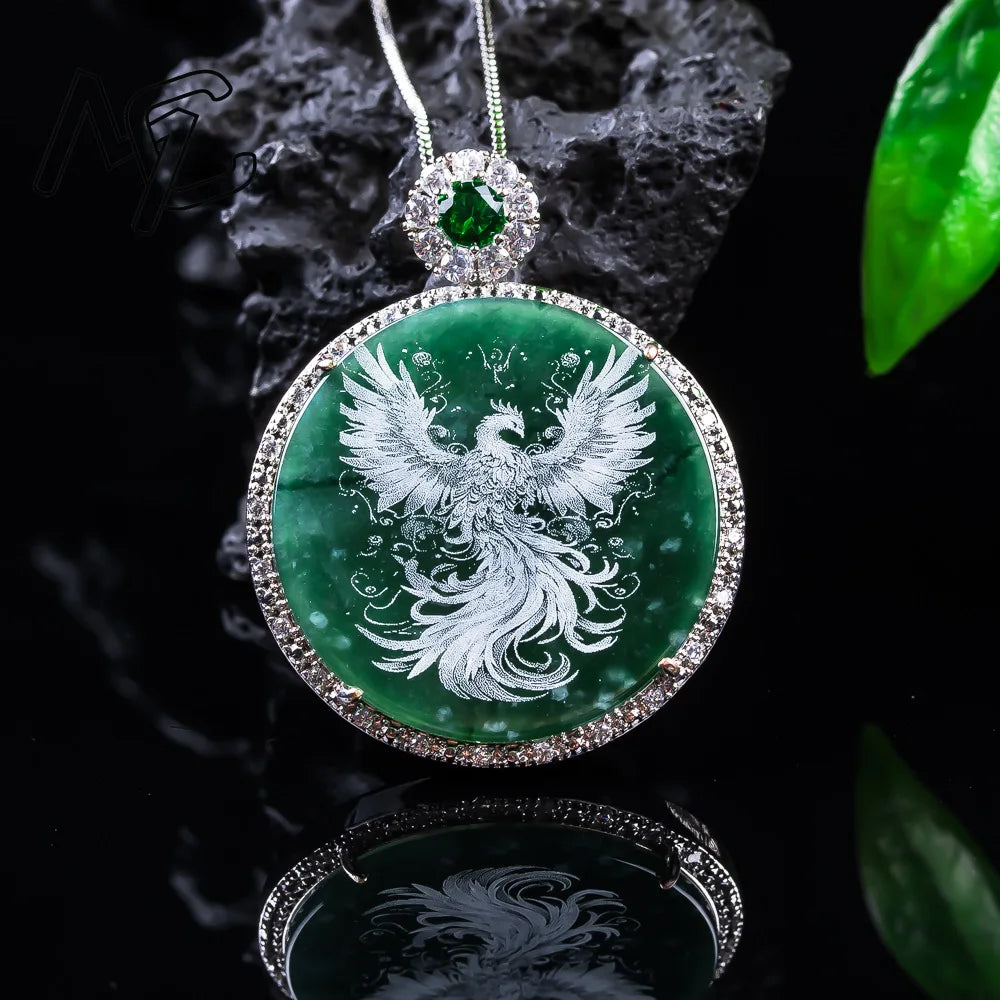 S925 Silver New Natural Real Emerald Stone-shadow Carving Phoenix Pendant Jadeite Necklace Jewelry Charm Designer Luxury Gifts