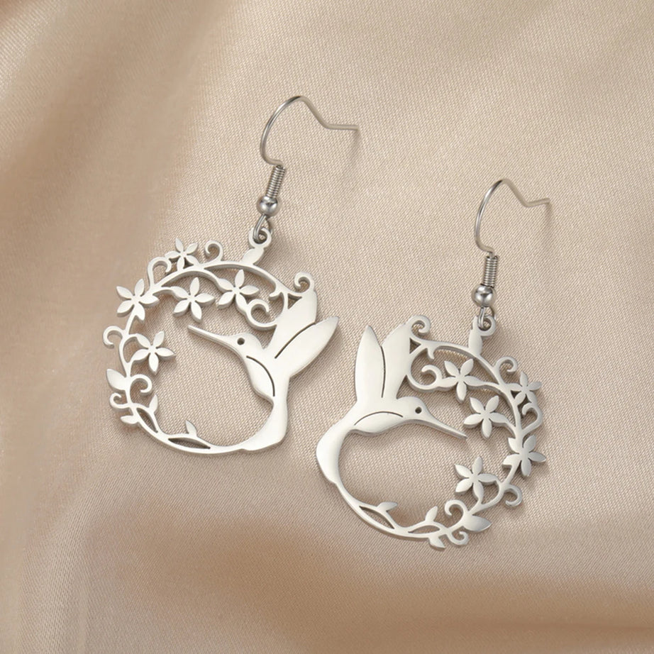 Hummingbird Filigree Flower Dangle Earrings Jewelry