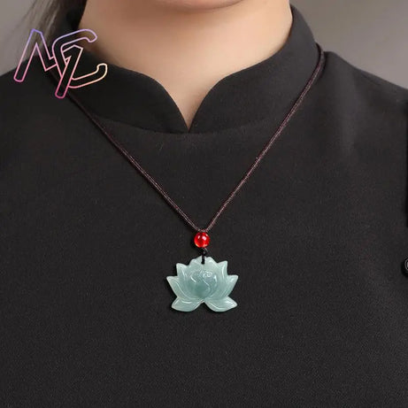 Myanmar Jadeite Lotus Pendant, Burmese Jade Luxury Amulet Necklace