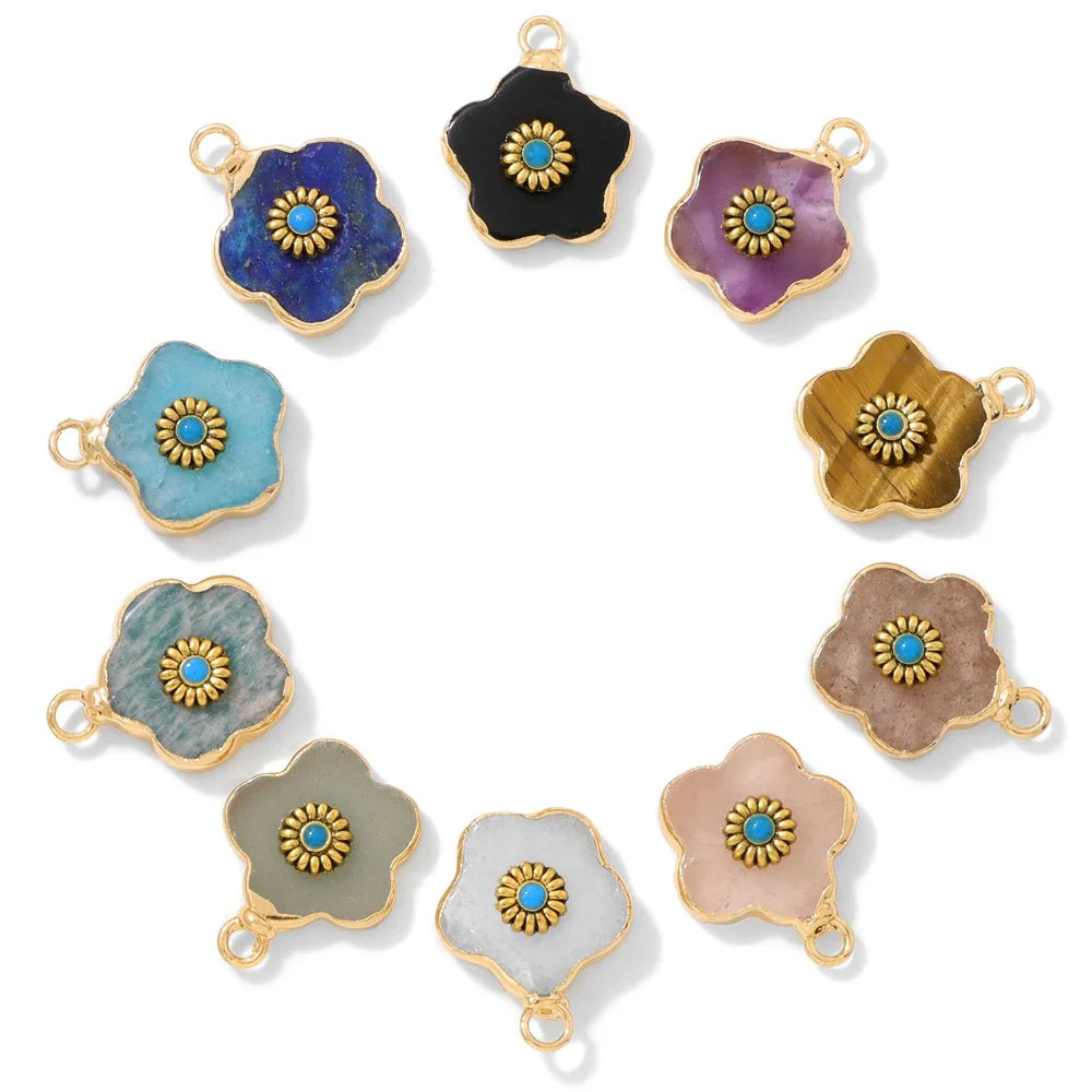 2pcs Natural Stone Flower Charms Tiger Eye Lapis Lazuli Flower Pendant For Jewelry Making Necklace DIY Earrings Bracelet15x20mm