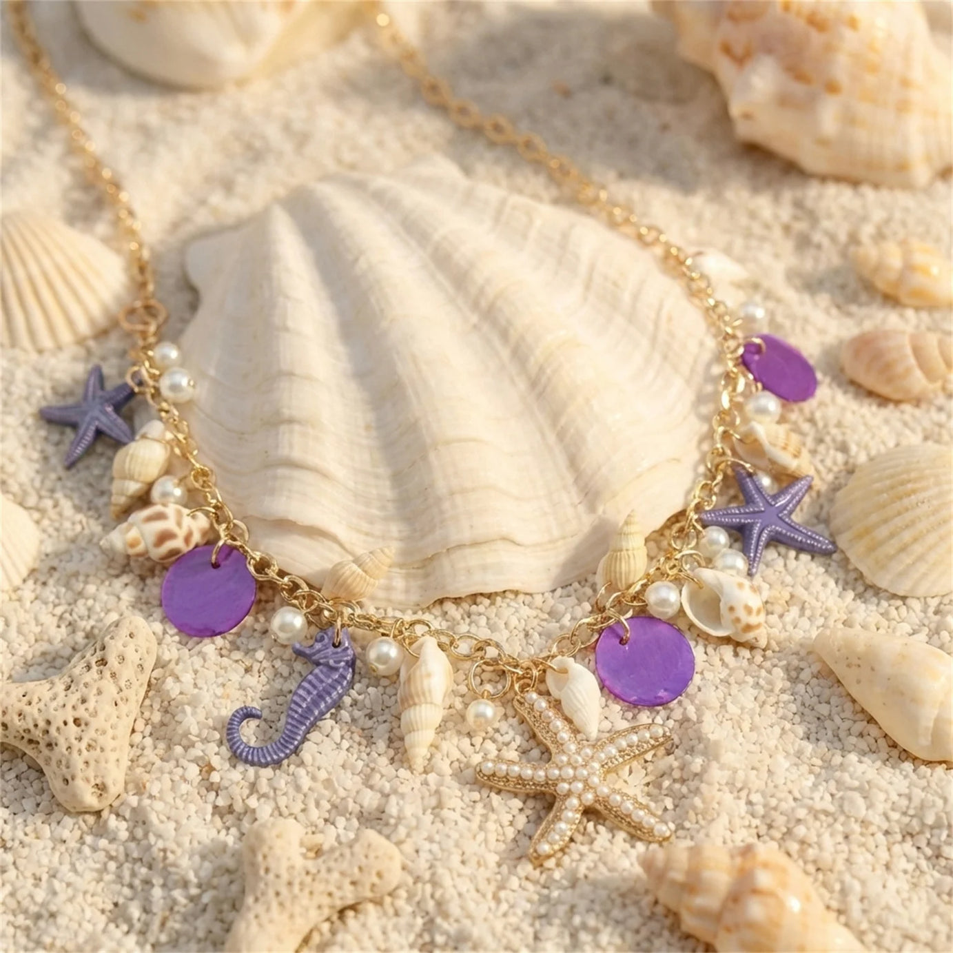 Starfish, Conch and Seahorse Exaggerated Chain Choker