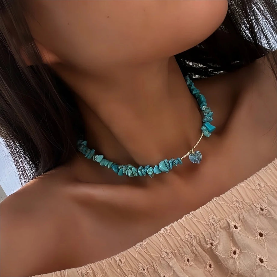 Boho Gravel Choker Blue Chip Turquois Pink Natural Stone Chips Necklaces For Women Heart Crystal Pendant Jewelry Gift For Women - Charlie Dolly