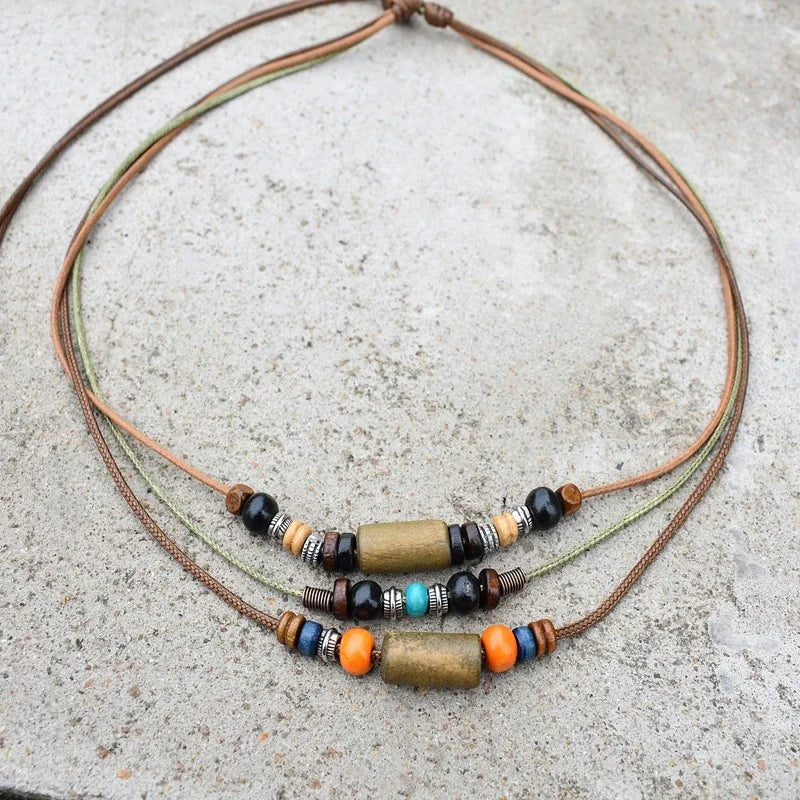 Wood Bead Wax Rope Multilayer Necklace Jewelry