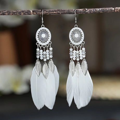 Feather Leaf Crystal Bead Long Earrings Jewelry