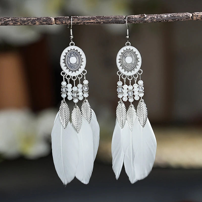 Boho Long Feather Drop Dangle Women's Earrings Leaf Tassel Crystal Beads Handmade Round Flower Enamel Wedding Bride Jewelry Gift