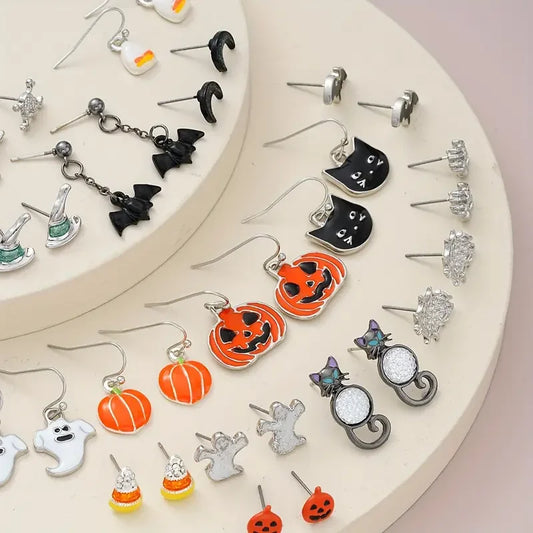 36 Pcs Halloween Earrings Set for Women Vintage Cute Ghosts Black Cats Pumpkins Bats Spiders Drop Stainless Steel Ear Needle