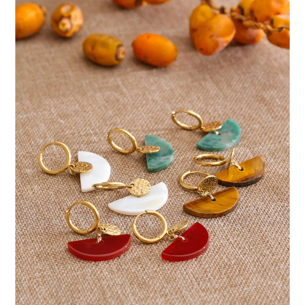 Yhpup Stainless Steel Fan French Drop Hoop Earrings High Quality Natural Tiger Agate Stone 2026 New Arrivals Daily Jewelry Gift
