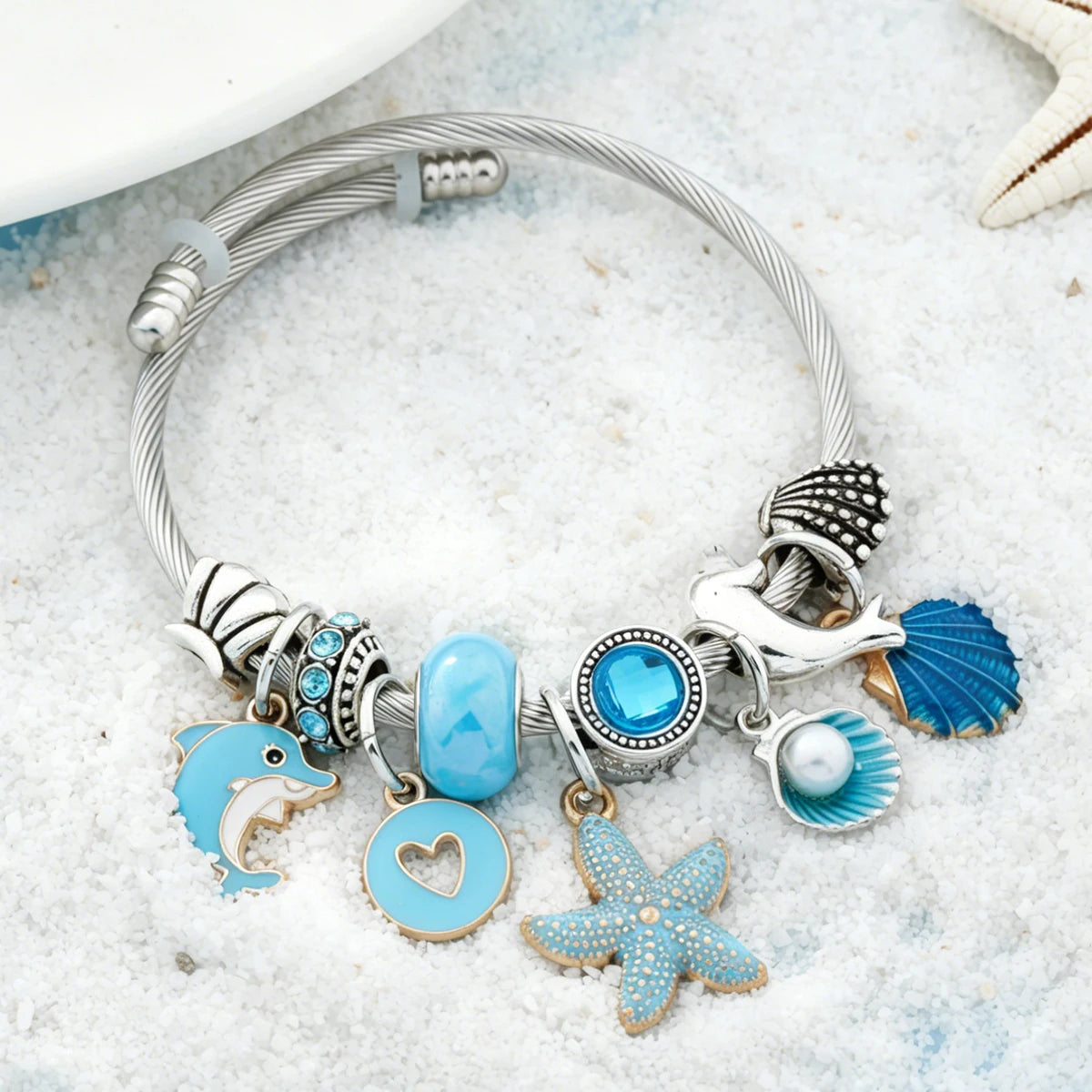 Boho Blue Enamel Dolphin Starfish Shell Bead Pendant Bracelet Silver Color Marine Life DIY Charm Jewelry for Summer Holiday Gift