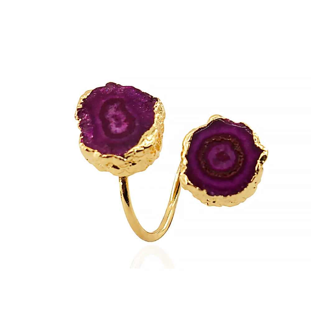 Irregular Agate Slices Open Cross Ring for Women Girls Boho Rough Natural Stone Sunflower Finger Jewelry Wedding Party Gift
