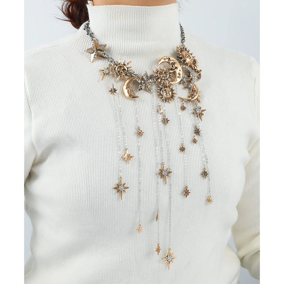 Moon, Star and Sun Exaggerated Tassel Boho Pendant Necklace