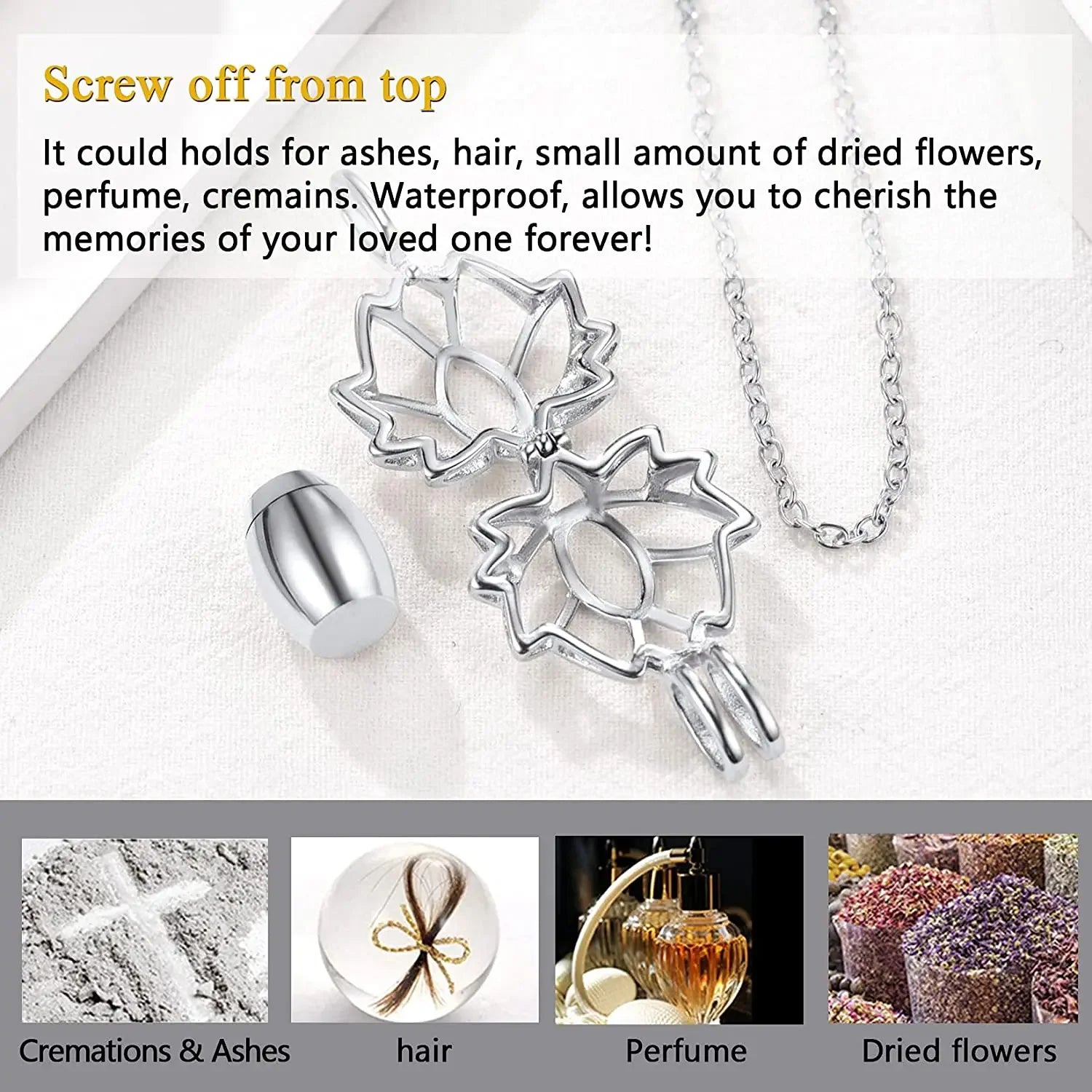 U7 Lotus Necklace Cremation Jewelry for Ashes of Love One 316L Stainless Steel Hollow Out Lotus Flower Urn Pendant 20" O-chain