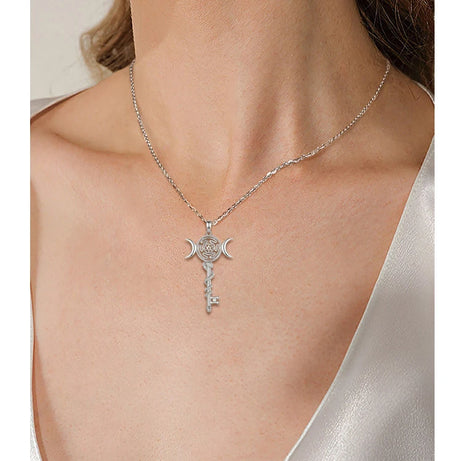 Sterling Silver 925 Hekate Wheel Triple Moon Goddess Necklace, Snake Key Witch Amulet
