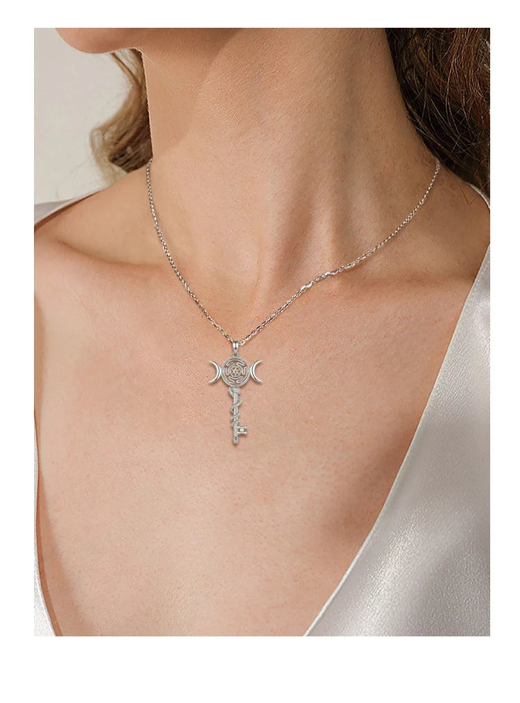 Eudora 925 Sterling Silver Hekate Wheel Necklace for Women Snake Key Triple Moon Goddess Pendant Witch Jewelry Personality Gift