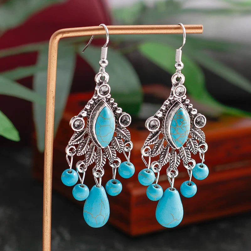 Boho Vintage Turquoise Water Drop Stud Earrings for Women Star Heart Flower Tribe Earring Statement Valentine Day Gift Jewelry