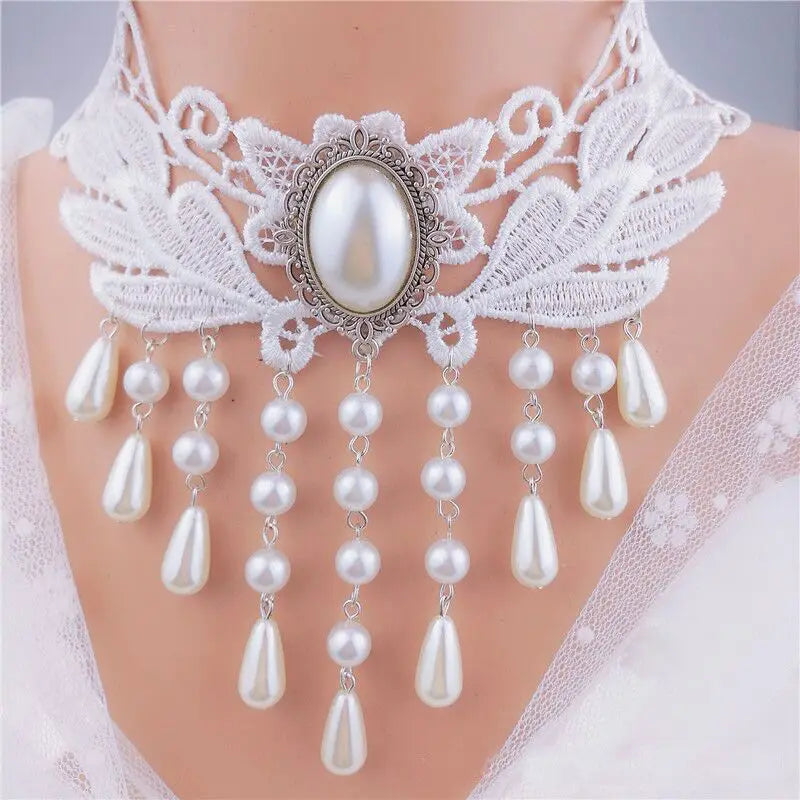 Halloween Choker Necklace for Women Rhinestone Pendant Lace Gothic Necklace for Steampunk Royal Court Vampire Costume Jewelry - Charlie Dolly