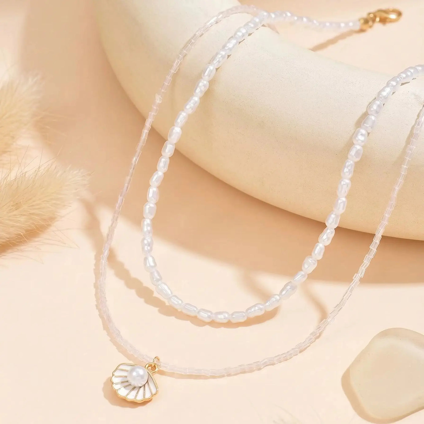 Glass Bead Pearl Shell Layered Necklace Set Jewelry