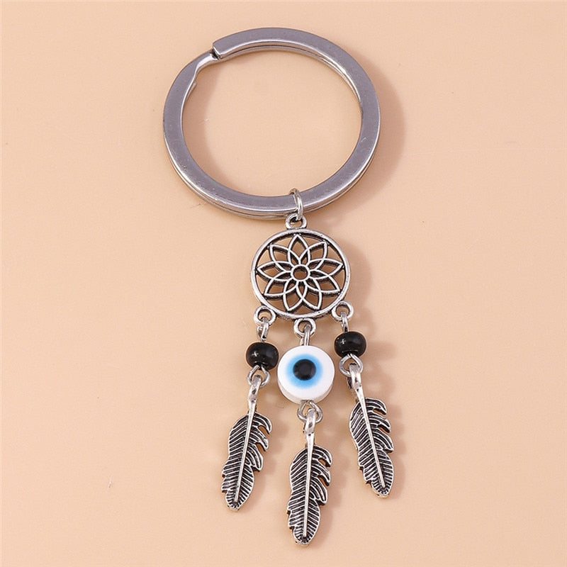 1Pc Bohemia Evil Eye Hamsa Hand Keychain for Women Men Blue Eye Sun Feather Key Ring Bag Pendant Car Key Holder Rings Wholesale - Charlie Dolly