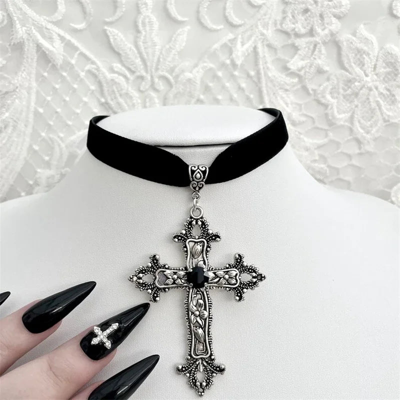 Goth Limited Black Velvet Cross Bead Choker Necklace Jewelry Gorgeous Women Punk Gift Statement New Gothic Halloween Grunge - Charlie Dolly