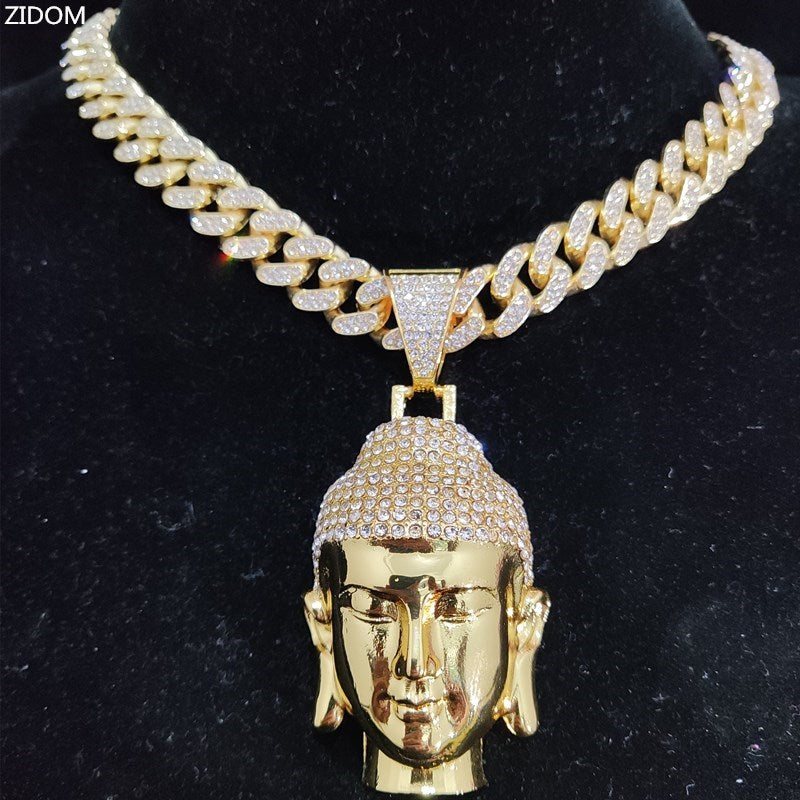 Men Women Hip Hop Buddha Pendant Necklace with 13mm Crystal Cuban Chain HipHop amulet Necklaces Fashion Charm Jewelry Best Gifts - Charlie Dolly