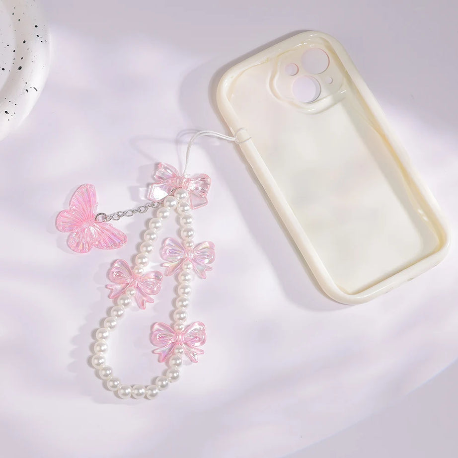 Pink Butterfly, Pearl and Bow Phone Strap Wrist Chain