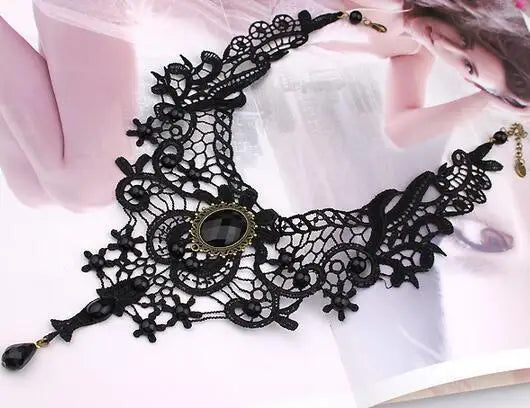 Gothic Chokers Black Beaded Flowers Sexy Lace Neck Choker Necklace Vintage Tassel Chain Women Steampunk Halloween Jewelry - Charlie Dolly