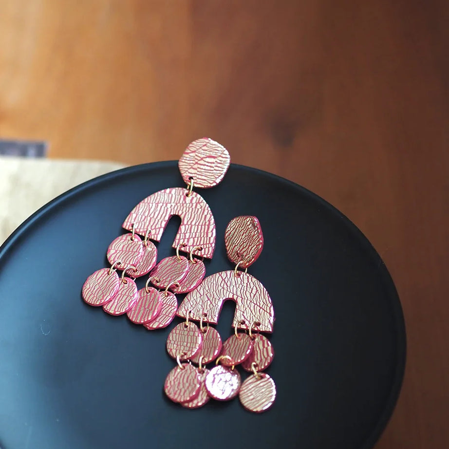 Metallic Clay Arch Fringe Statement Earrings Jewelry