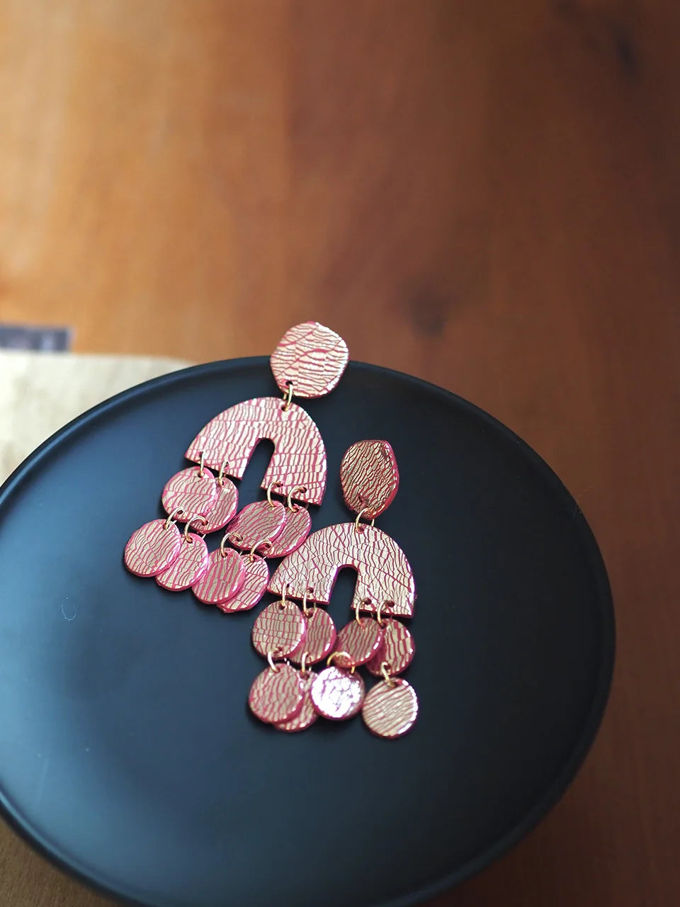 Boho Chic Metalic Textured Polymer Clay Statement Earrings Large Geometric Arch Drop with Round Fringe Aesthetic Jewelry Summer