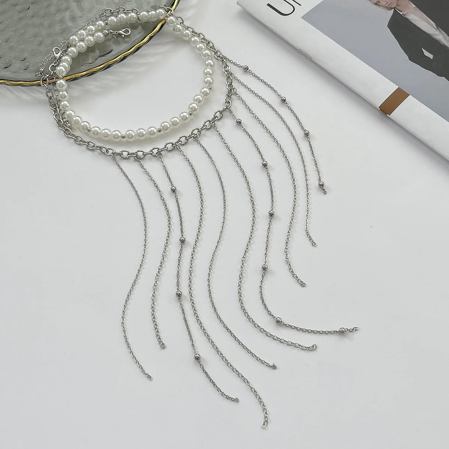 Round Bead Pearl Tassel Multilayer Necklace Jewelry