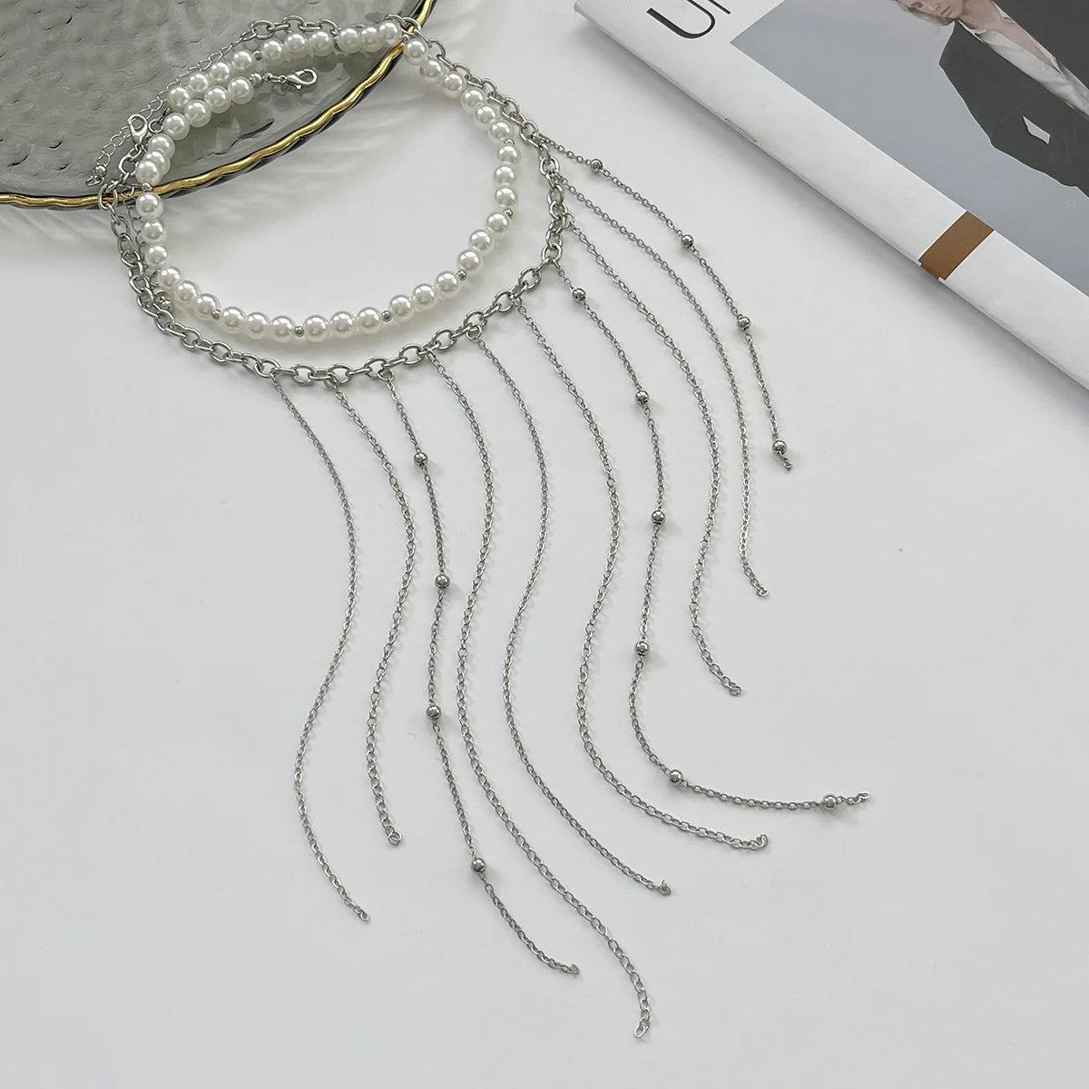 Round Bead Pearl Tassel Multilayer Necklace Jewelry