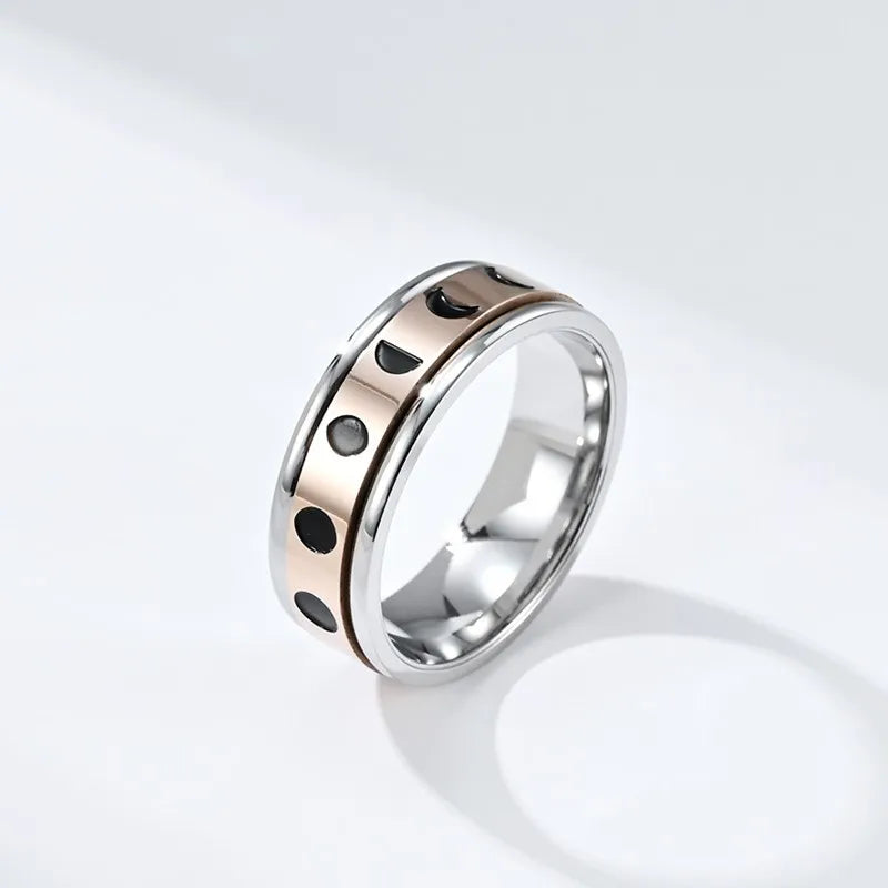 7mm Stainless Steel Crescent Moon Phase Spinner Ring Lunar Eclipse Jewelry for Women Men Size 6-11