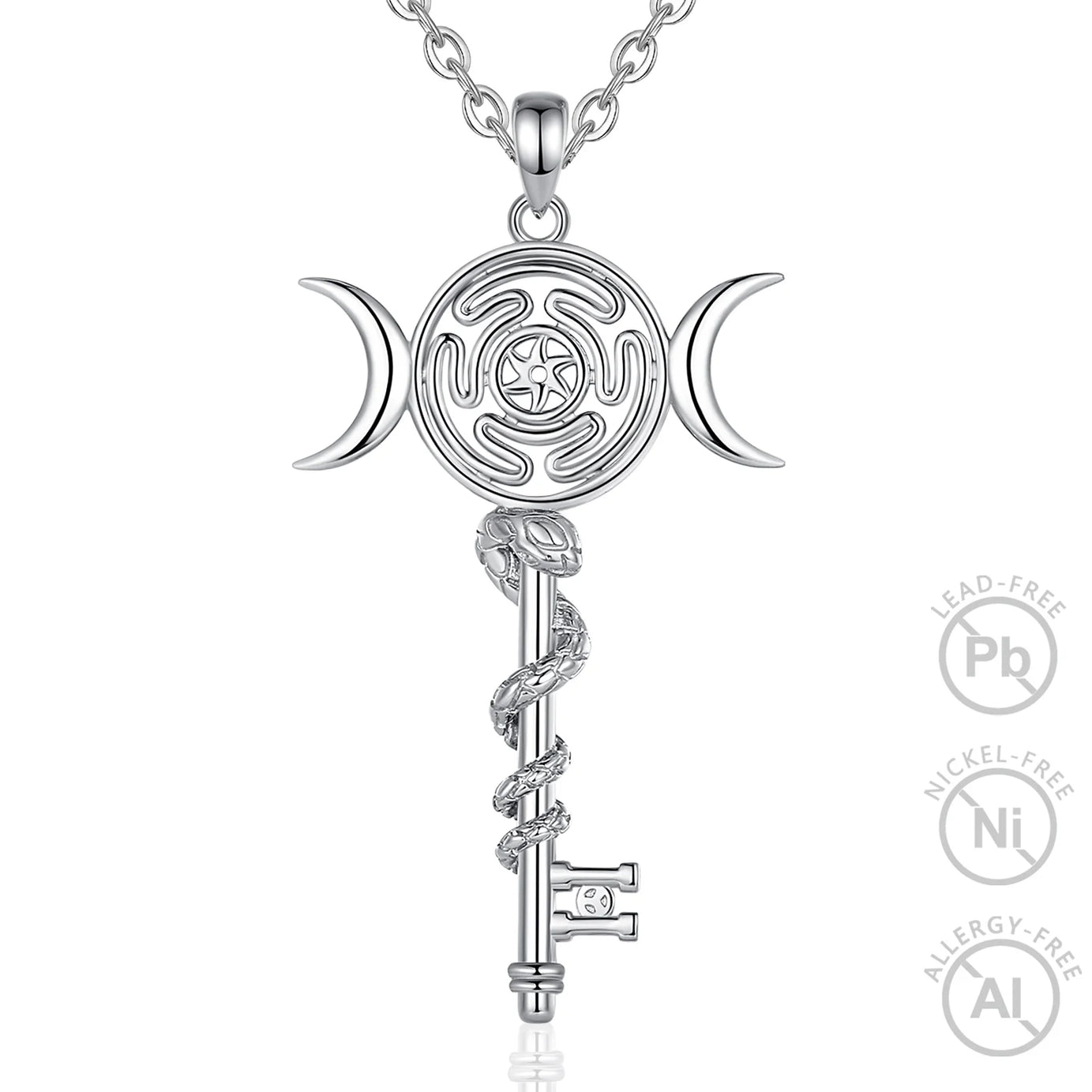 Sterling Silver 925 Hekate Wheel Triple Moon Goddess Necklace, Snake Key Witch Amulet