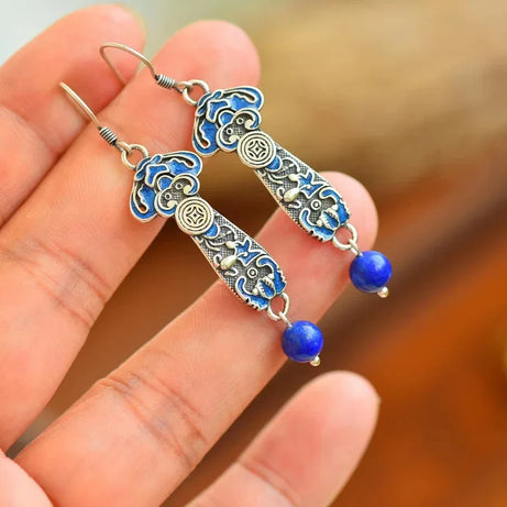 National Style Red Agate Earings 925 Silver Blue Retro Ruyi Lapis Lazuli Earrings for Women Exquisite Banquet Jewelry - Charlie Dolly