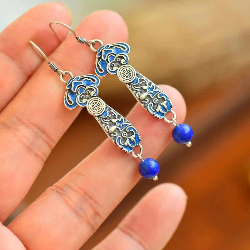 National Style Red Agate Earings 925 Silver Blue Retro Ruyi Lapis Lazuli Earrings for Women Exquisite Banquet Jewelry