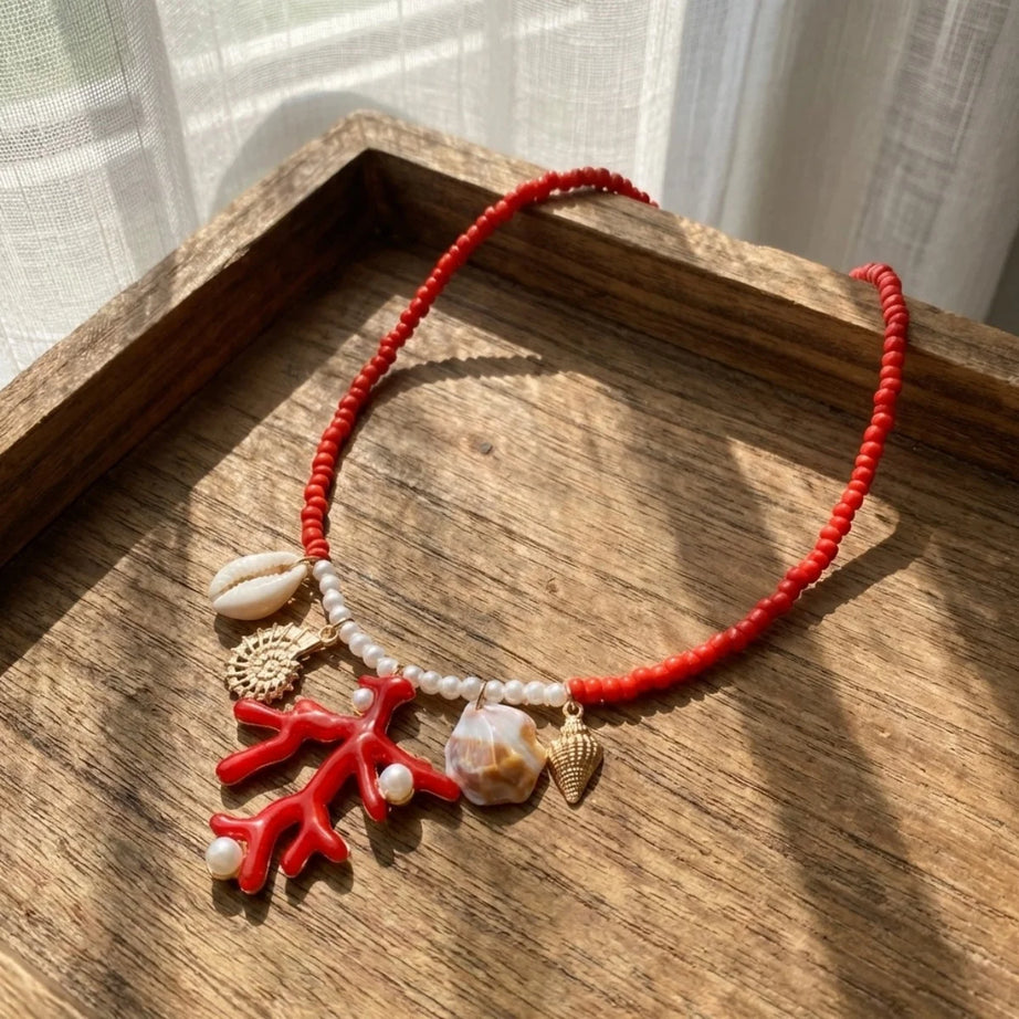 Coral, Rice Bead and Shell Boho Necklace, Earring or Ring